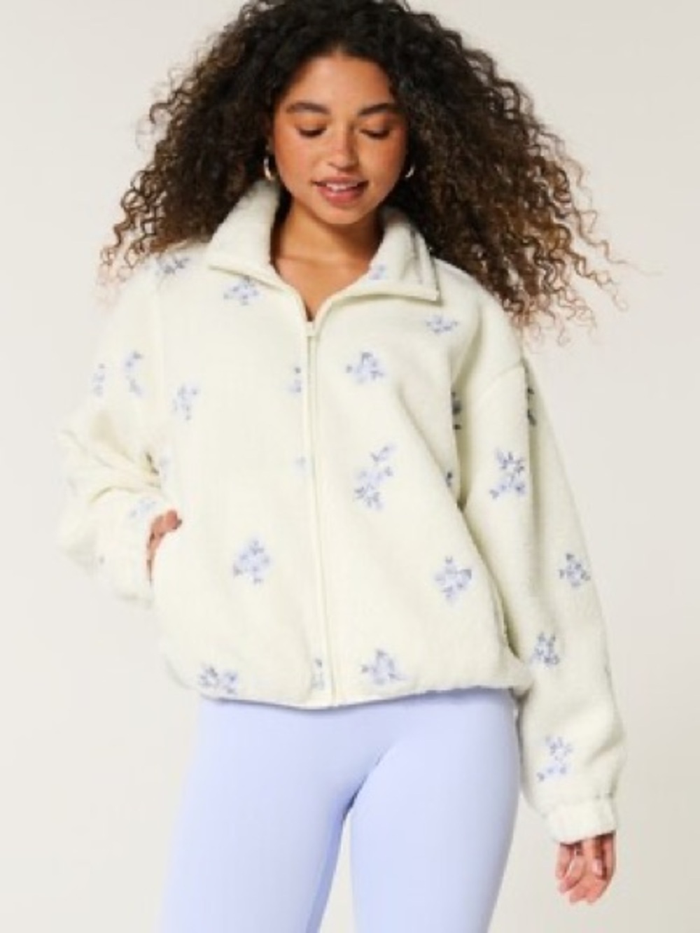 HOLLISTER Embroidered Floral Sherpa Teddy Fleece Zipper Jacket